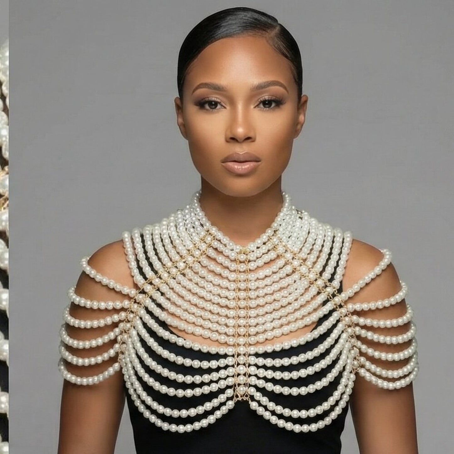 Luxury Layered Pearl Shoulder Harness Necklace with Gold Chain Detail