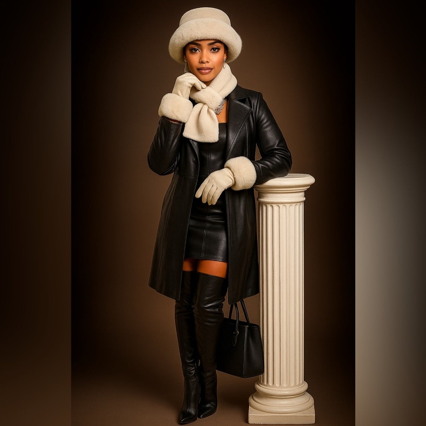 Woman in winter attire with a black coat, white gloves, and hat, standing next to a column against a brown background.