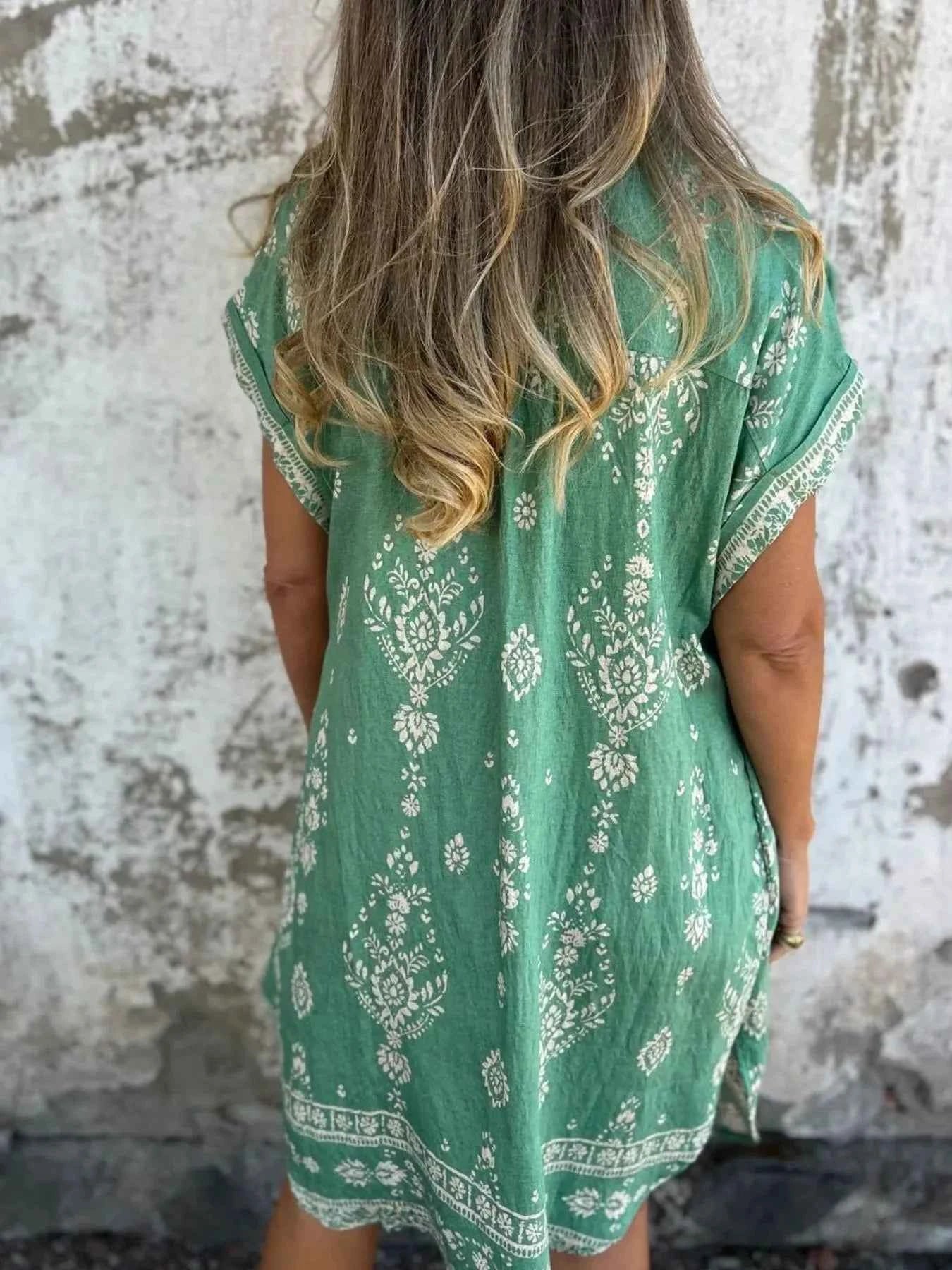 Full Size Printed Short Sleeve Button-Up Shirt Dress Plus Size