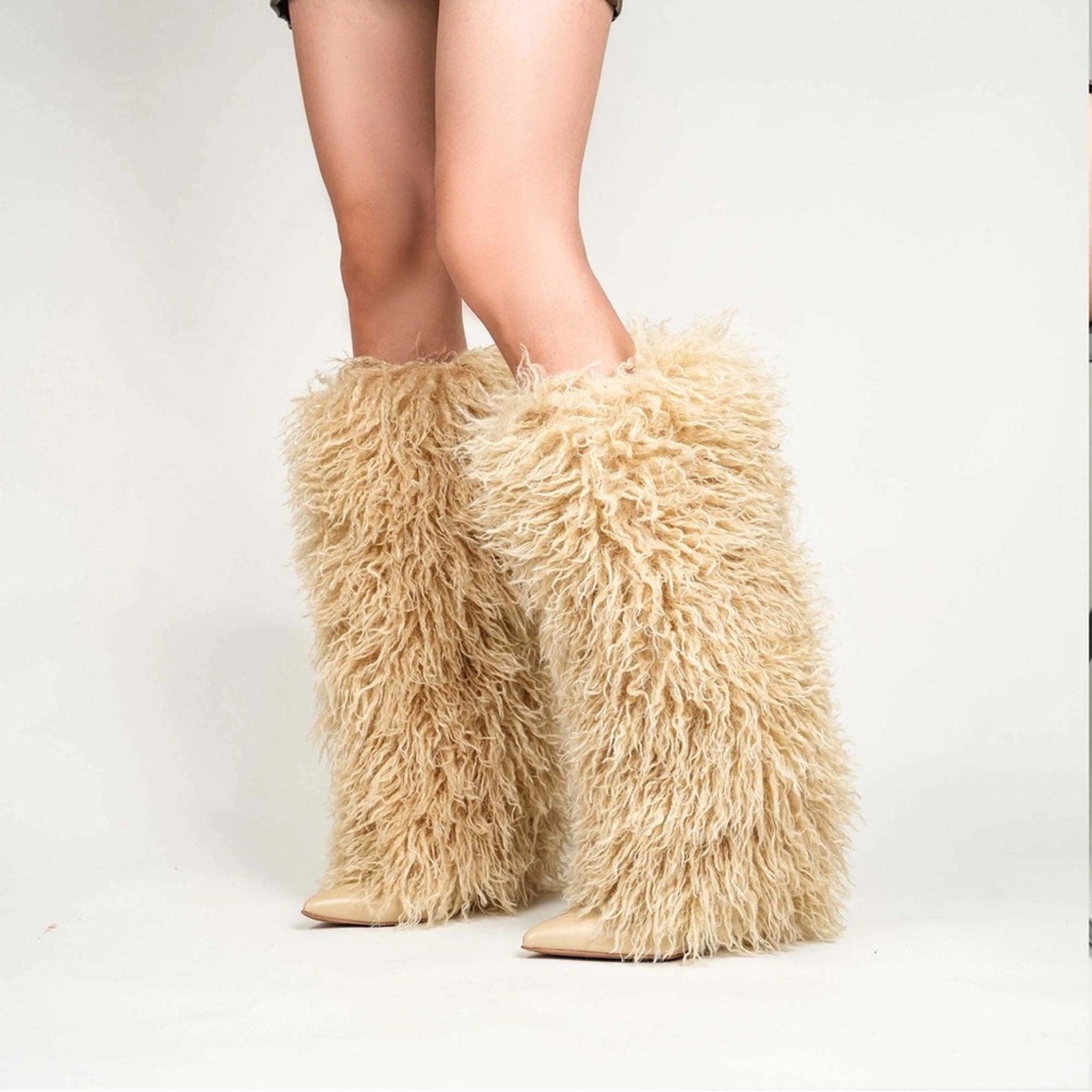 Demure Diamante Faux Fur Knee-High Boots - 4" Heel