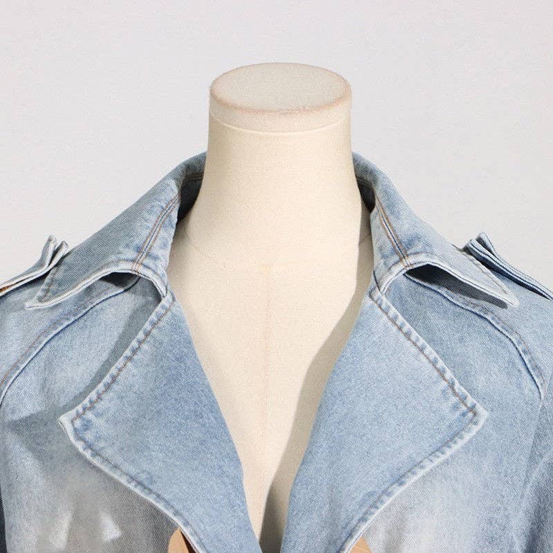 Light blue denim jacket on a mannequin against a white background