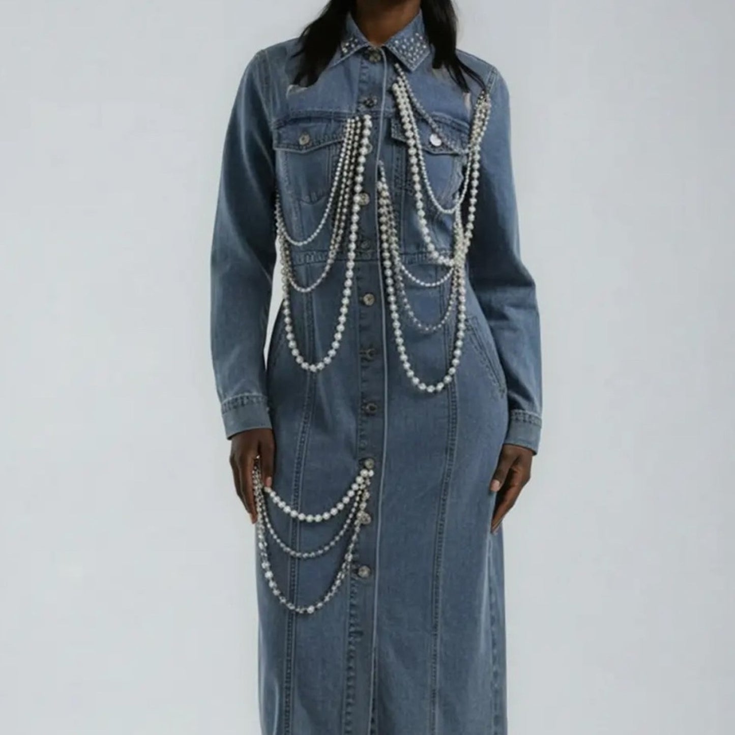 Denim Pearl Chain Midi Shirt Dress – Luxury Pearl Embellished Button-Down