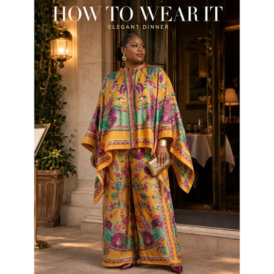 Plus Size Golden Garden Floral Cape Wide-Leg Pants Set 0XL–3XL