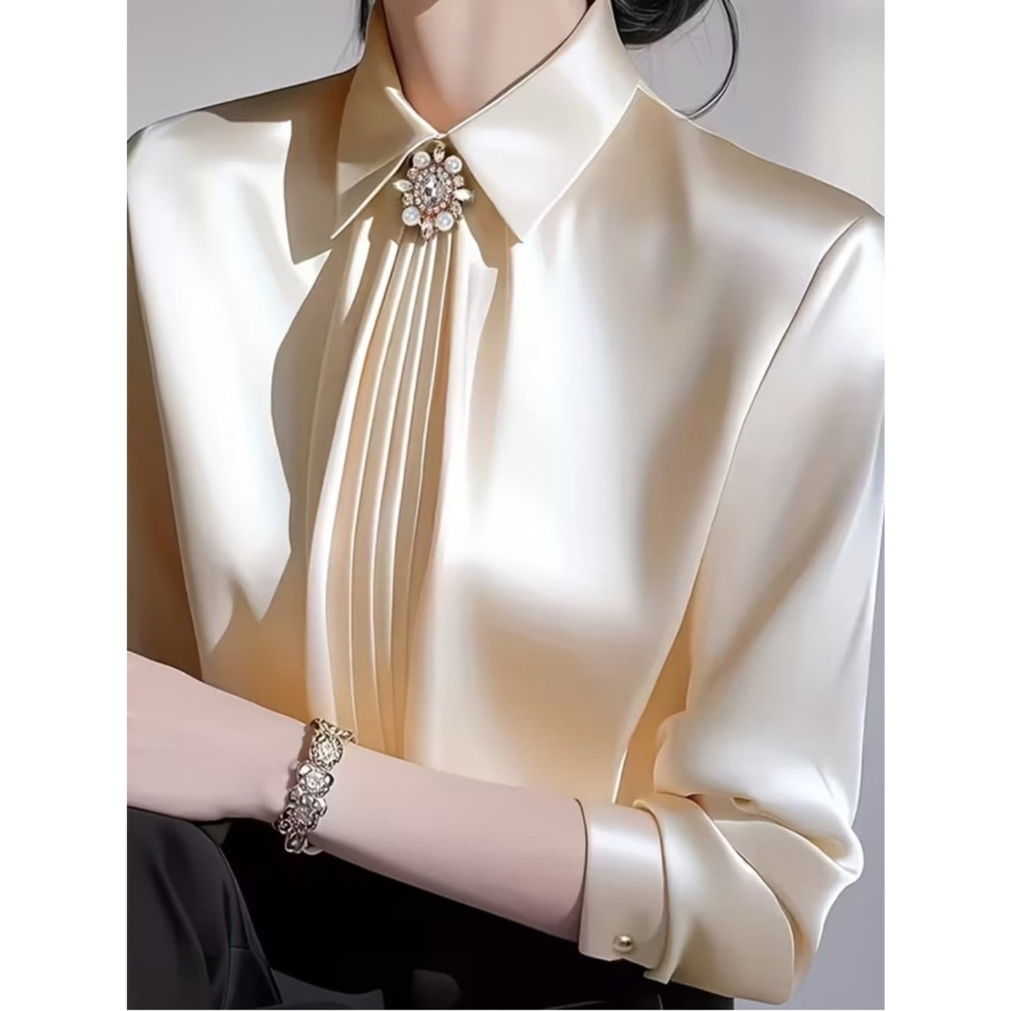 Elegant Satin Pleated Collar Blouse - Light Gold