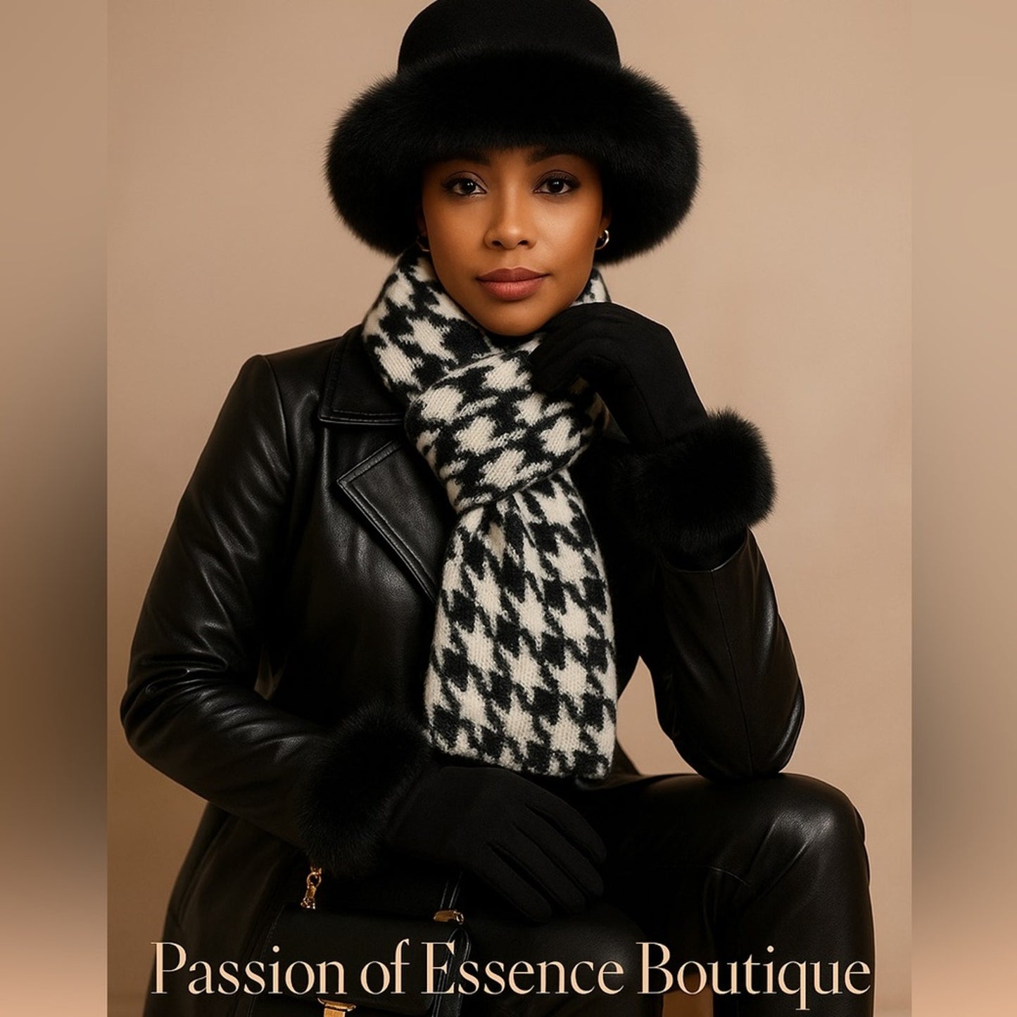 Woman wearing a black leather jacket, fur-trimmed hat, and houndstooth scarf against a beige background with 'Passion of Essence Boutique' text.