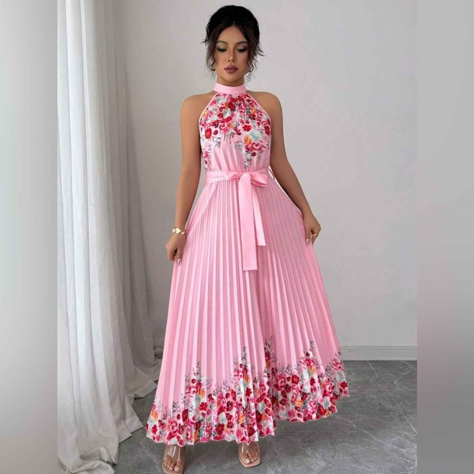 Blush Pink Pleated Floral Halter Dress | Wedding Guest Party Maxi Dress