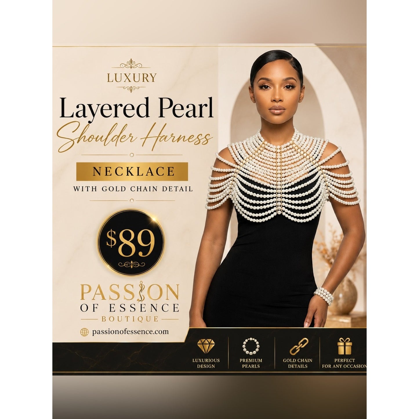 Luxury Layered Pearl Shoulder Harness Necklace with Gold Chain Detail