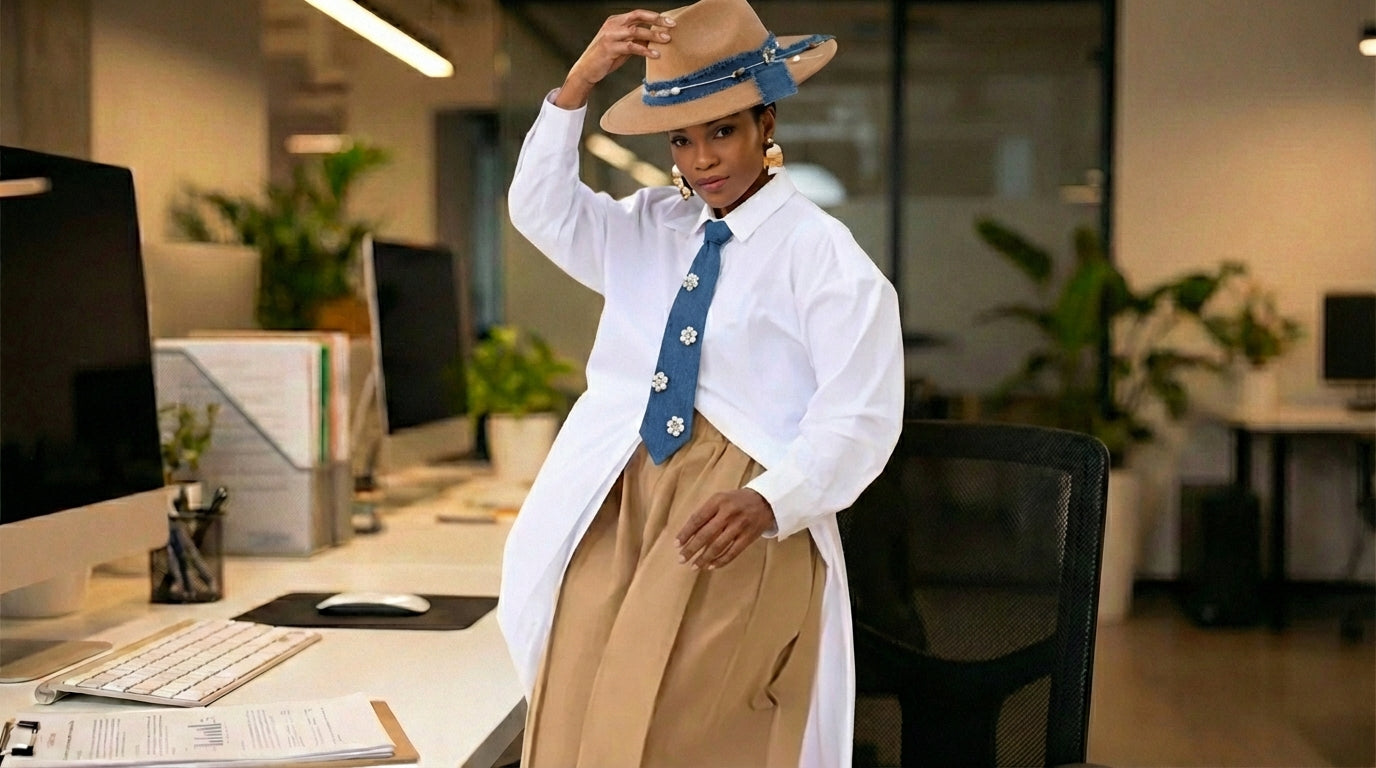 Person in a professional setting wearing a white shirt, beige pants, and a hat with a blue band.