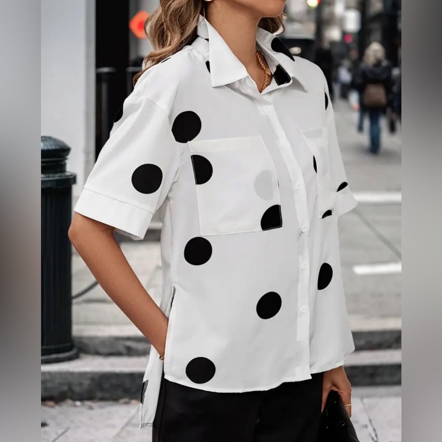 White Polka Dot Button-Up Shirt for Women – Short Sleeve Collared Blouse