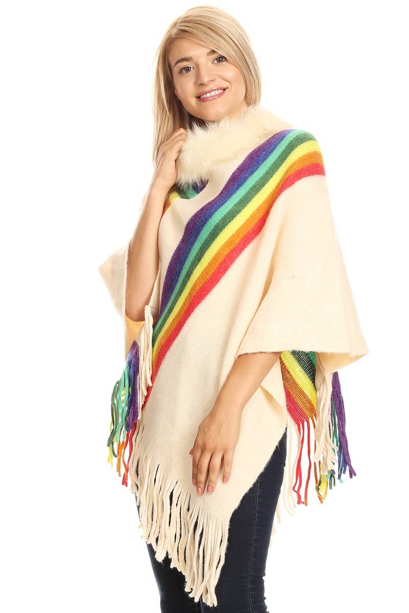 KNIT STRIPES WITH FUR TRIM PONCHO