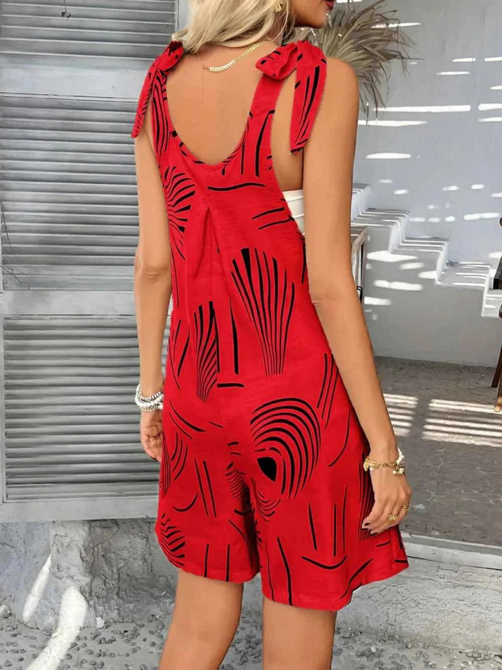 Devine Printed Tie Shoulder Overalls with Pockets