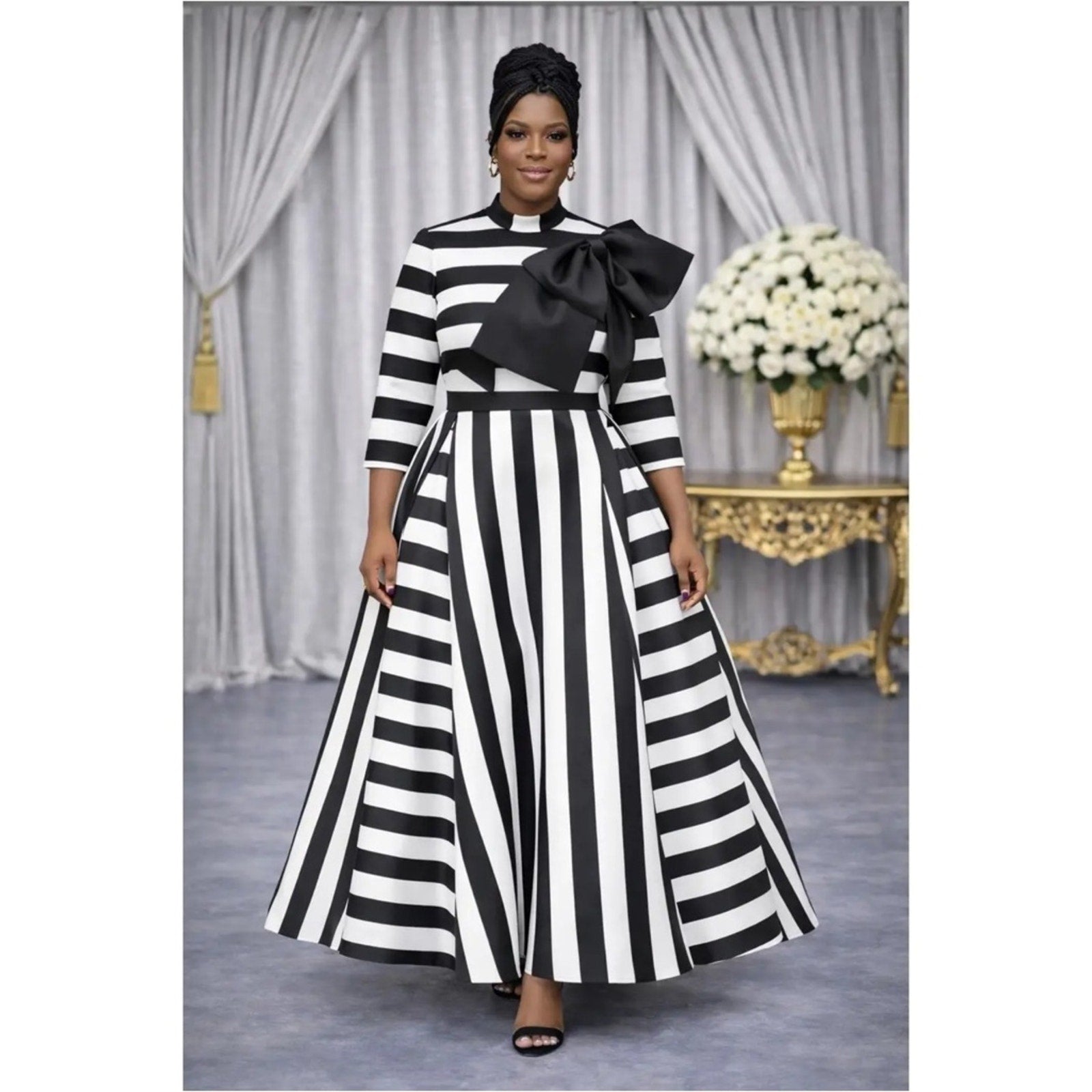 Plus Size Black & White Stripe Maxi Dress with Bow
