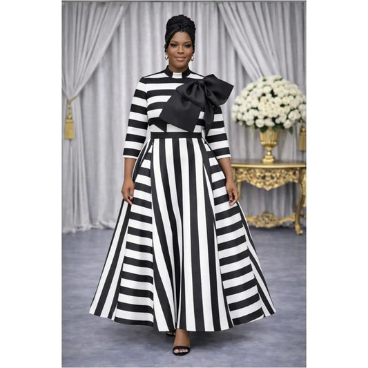 Plus Size Black & White Stripe Maxi Dress with Statement Bow