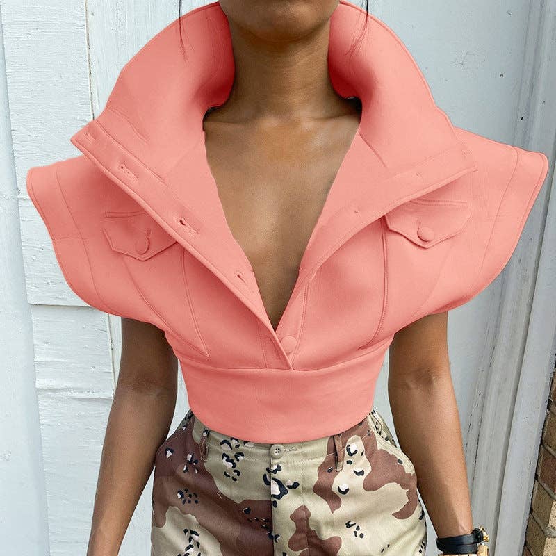 MB FASHION Cropped High Collar Button-Up Top 452R