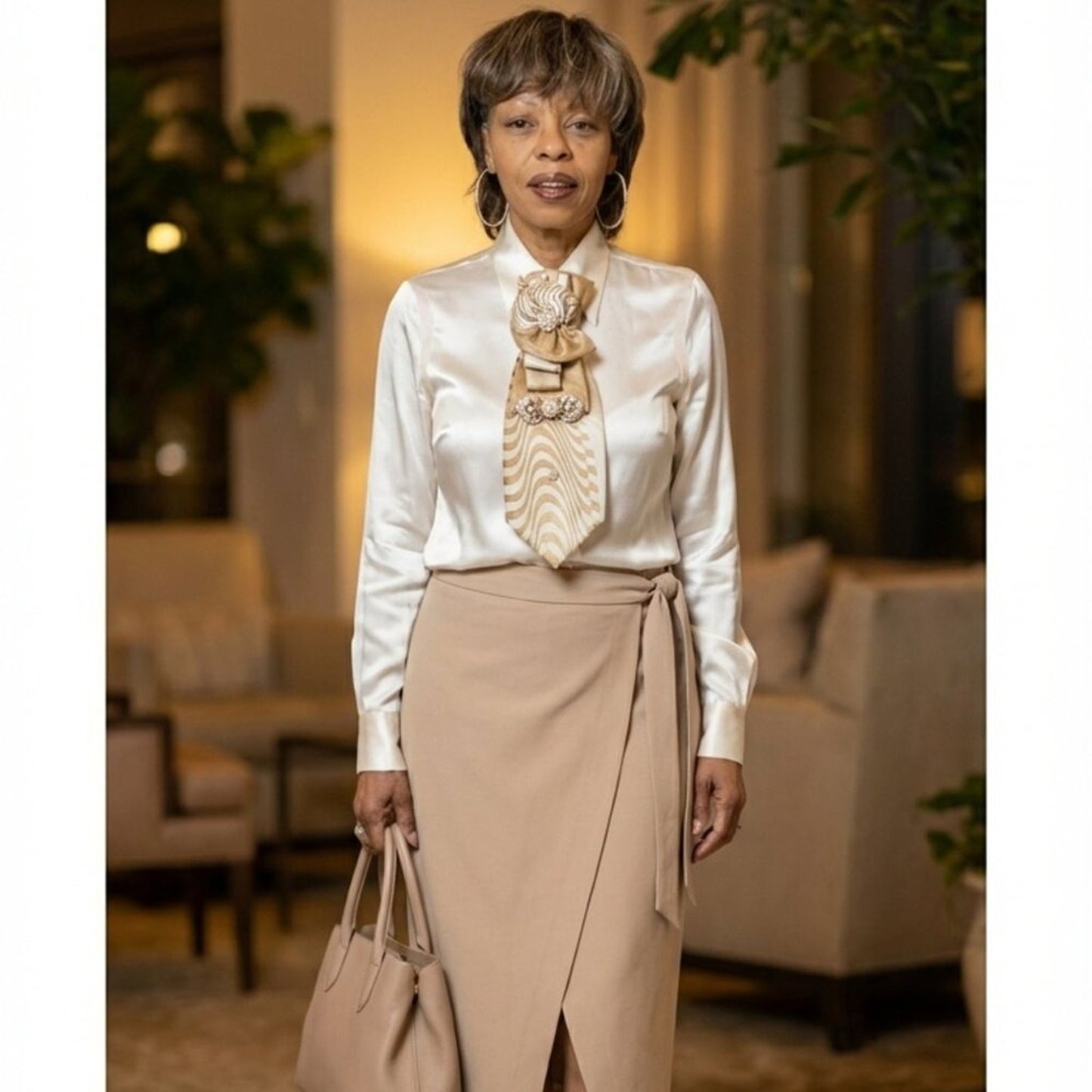 Gold Wave Pearl Statement Tie – Elegant Women’s Church & Formal Accessory