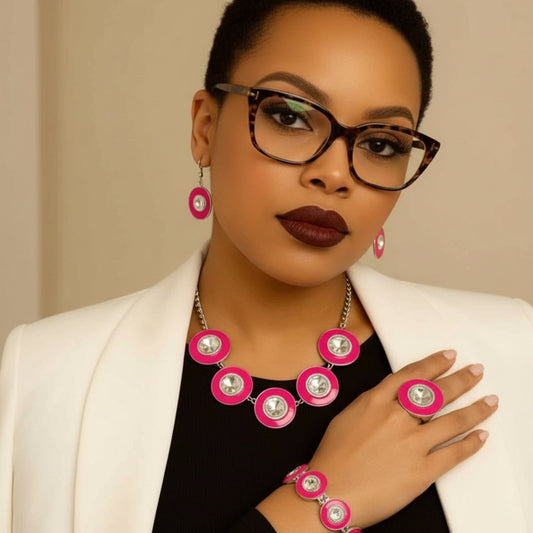 Hot Pink & Silver Rhinestone Jewelry Set – Necklace, Earrings, Bracelet & Ring