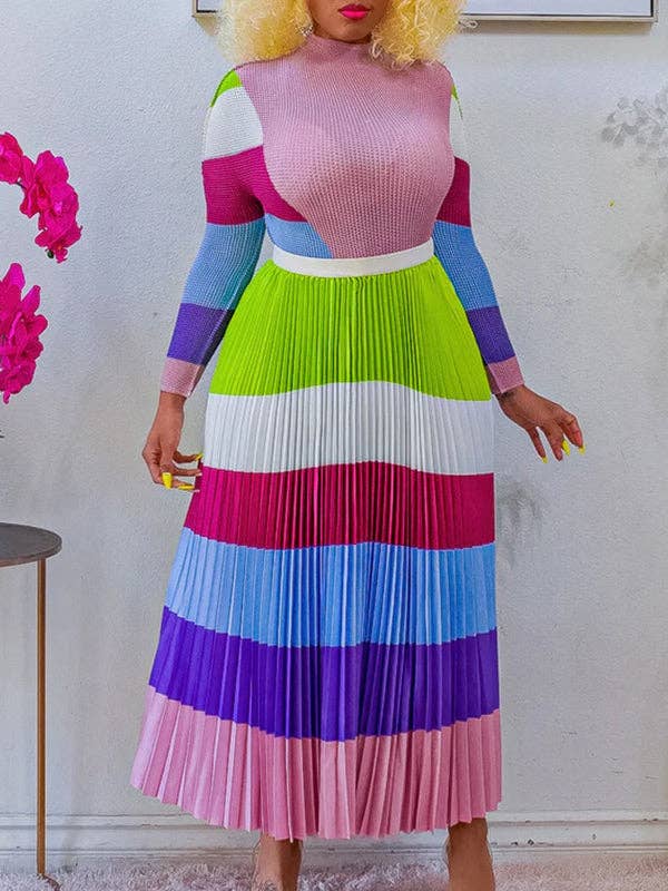 Plus Size Two-Piece Set - Printed Mock Neck Long Sleeve Top & Pleated Skirt