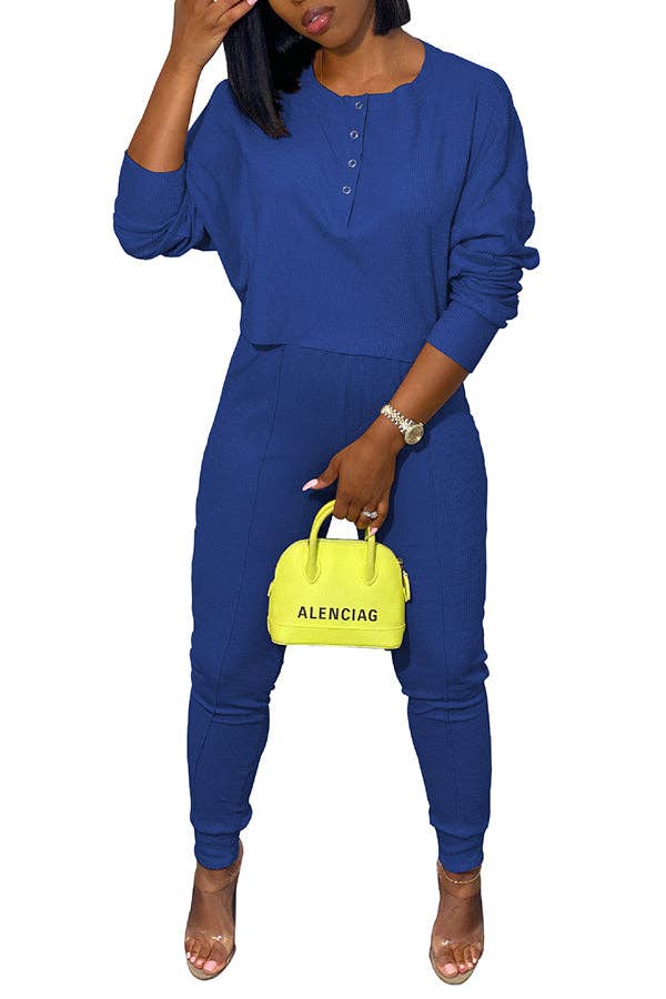 MB FASHION Casual Ribbed Loungewear Set with Button 10113