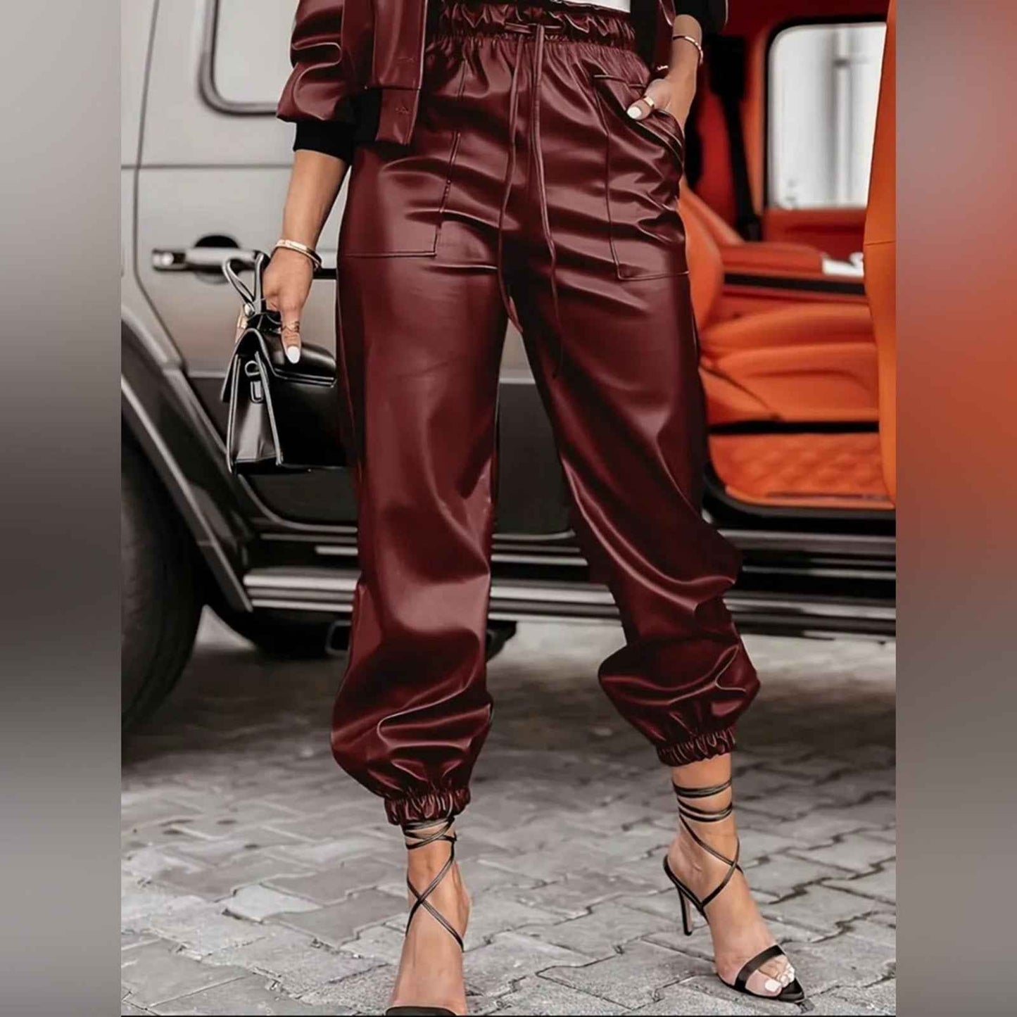 Women's Casual Suit with Pocket Design Workwear Style PUPU Leather Jacket Set