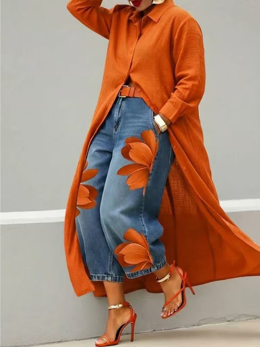 Floral Print Wide-Leg Cropped Jeans Orange