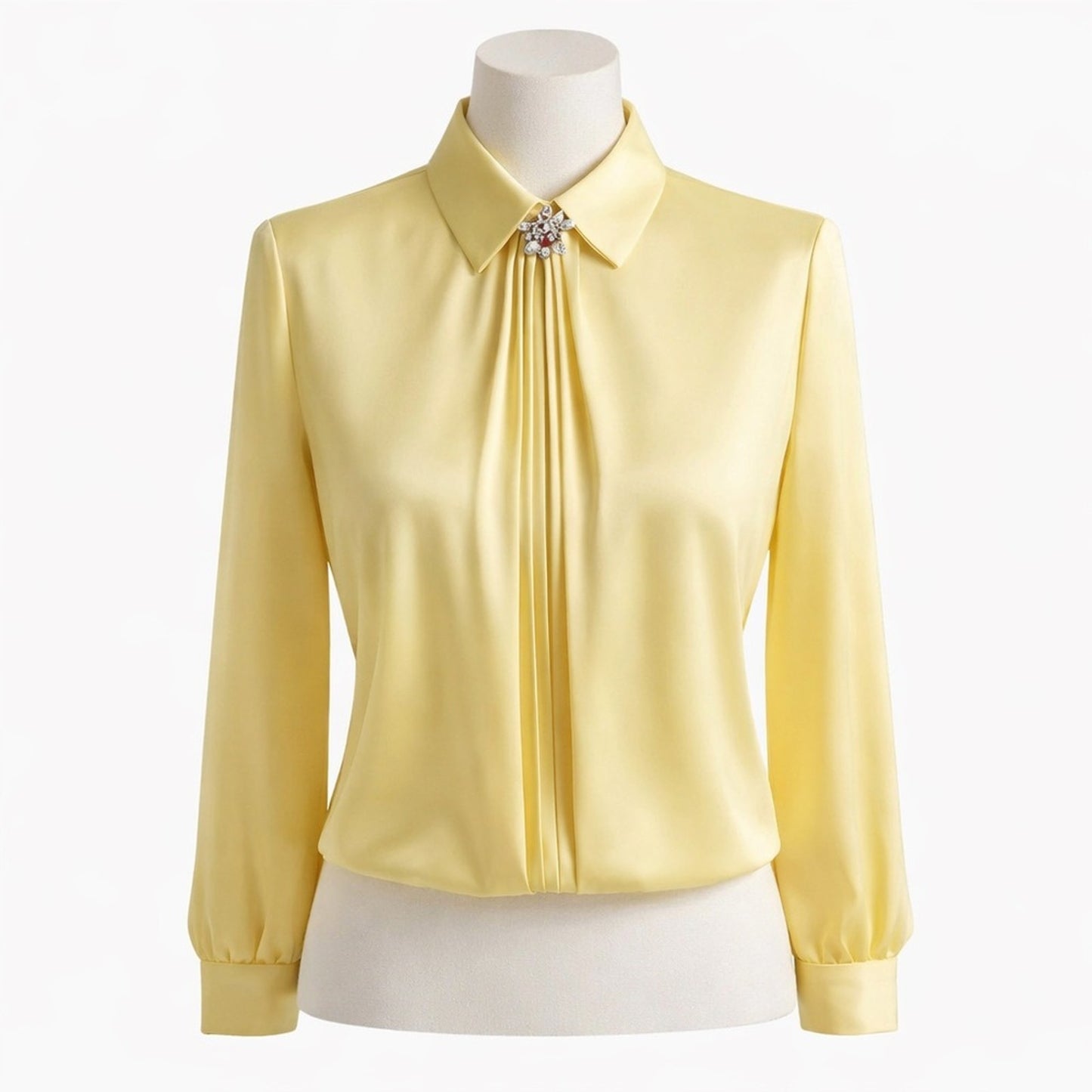 Elegant Pleated Satin Blouse w/ Brooch – Soft Yellow | Long Sleeve Luxe Top M