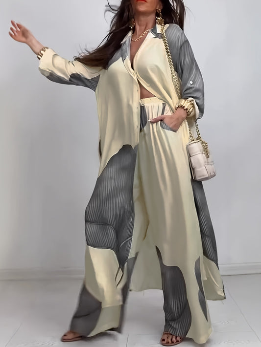 Woman wearing a stylish outfit with a long beige coat over a gray top and pants, holding a beige handbag.