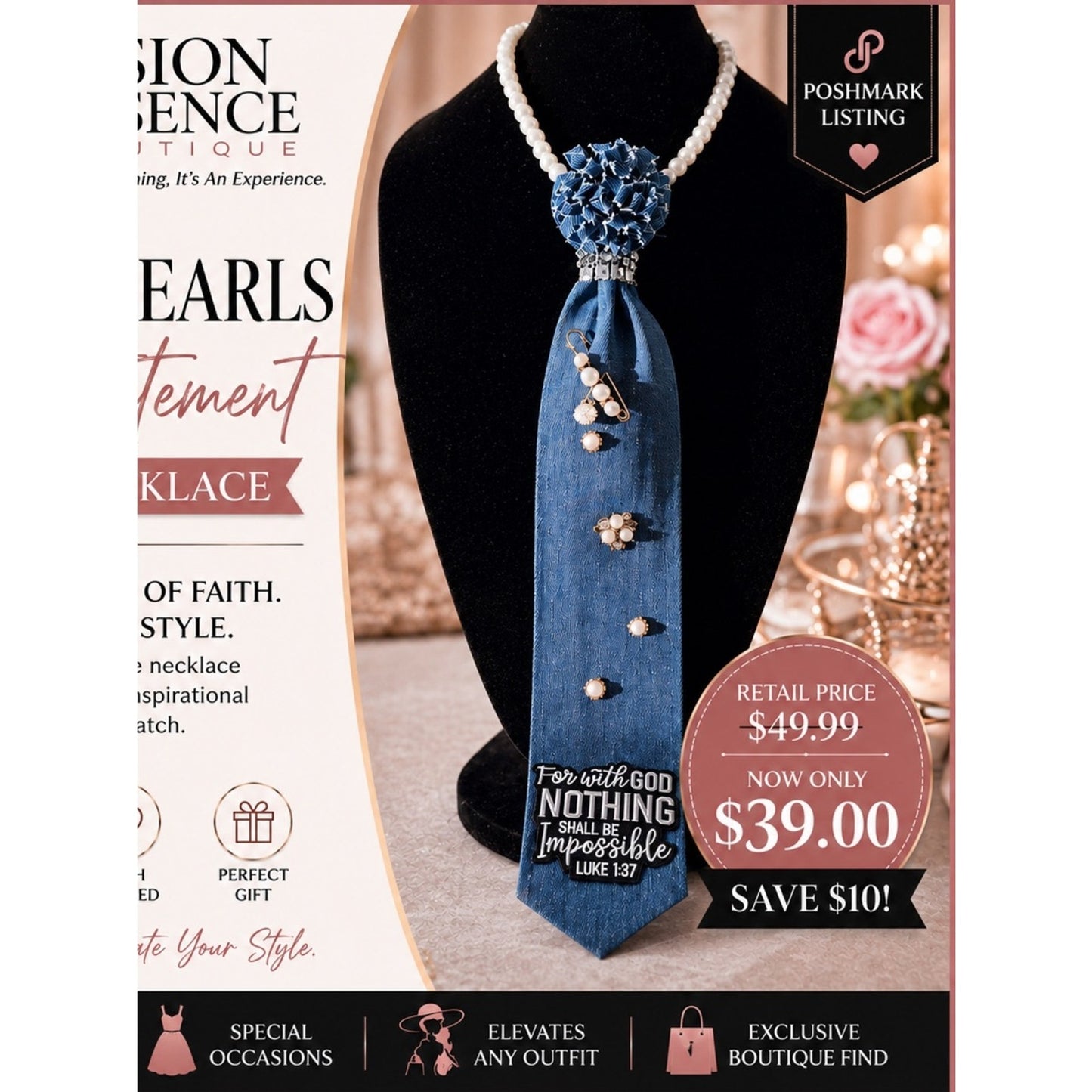 Faith & Pearls Denim Statement Necktie Necklace – Luke 1:37 Inspiration Piece