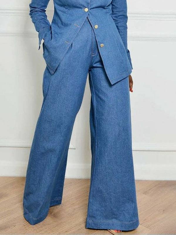 High-Waisted Jeans with Pockets and Lapel Blouse Sets