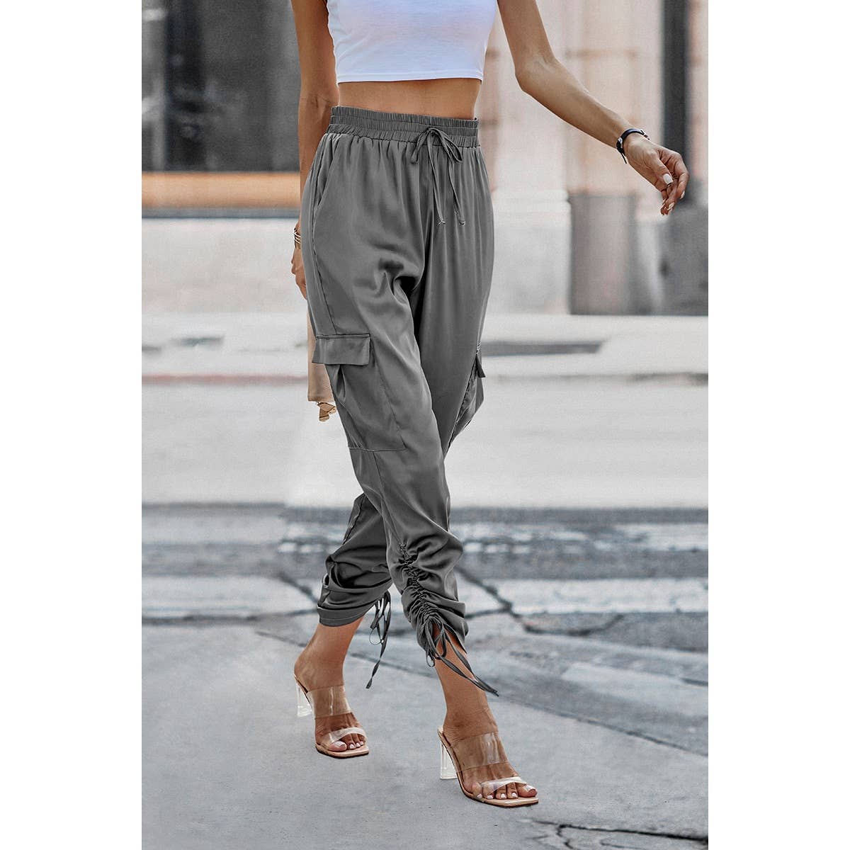 Solid Drawstring Hem Flap Pocket Side Stacked Pants