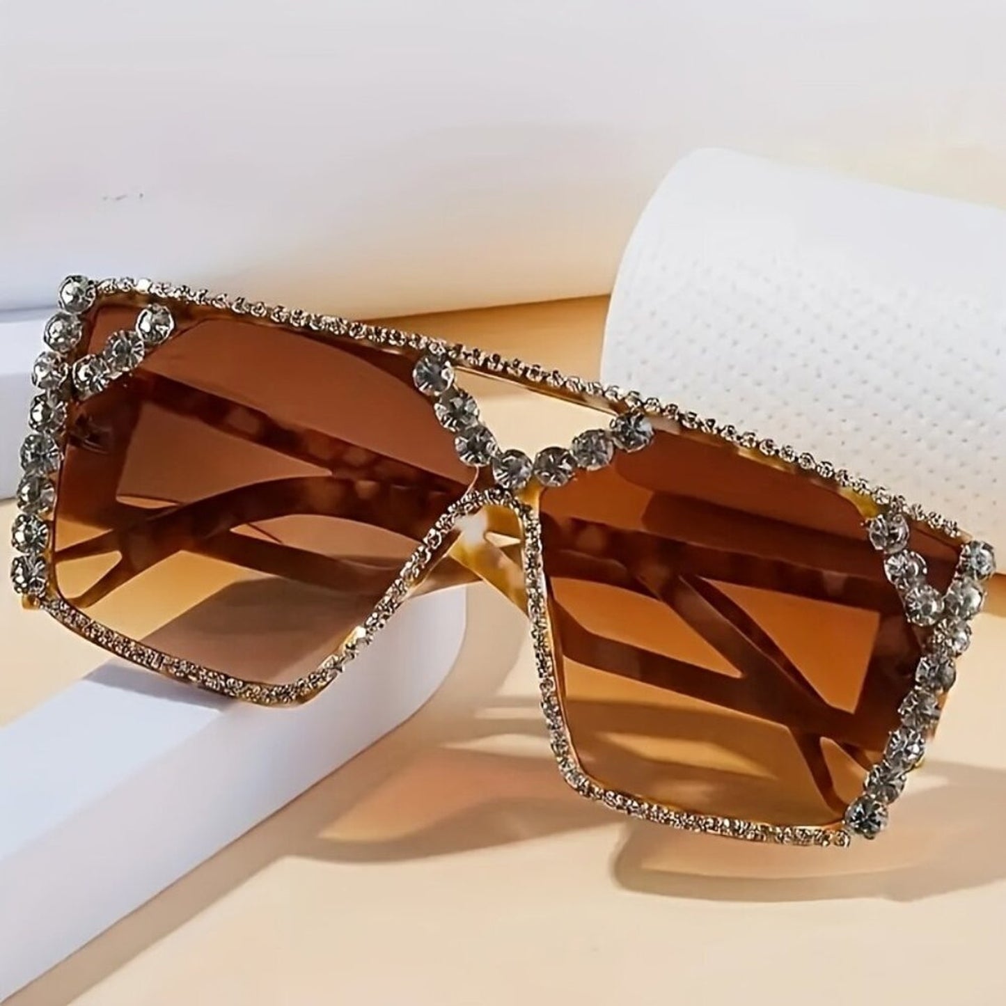 Large Hollow Geometric Mirror Sunglasses – Tortoiseshell Frame with Rhinestone