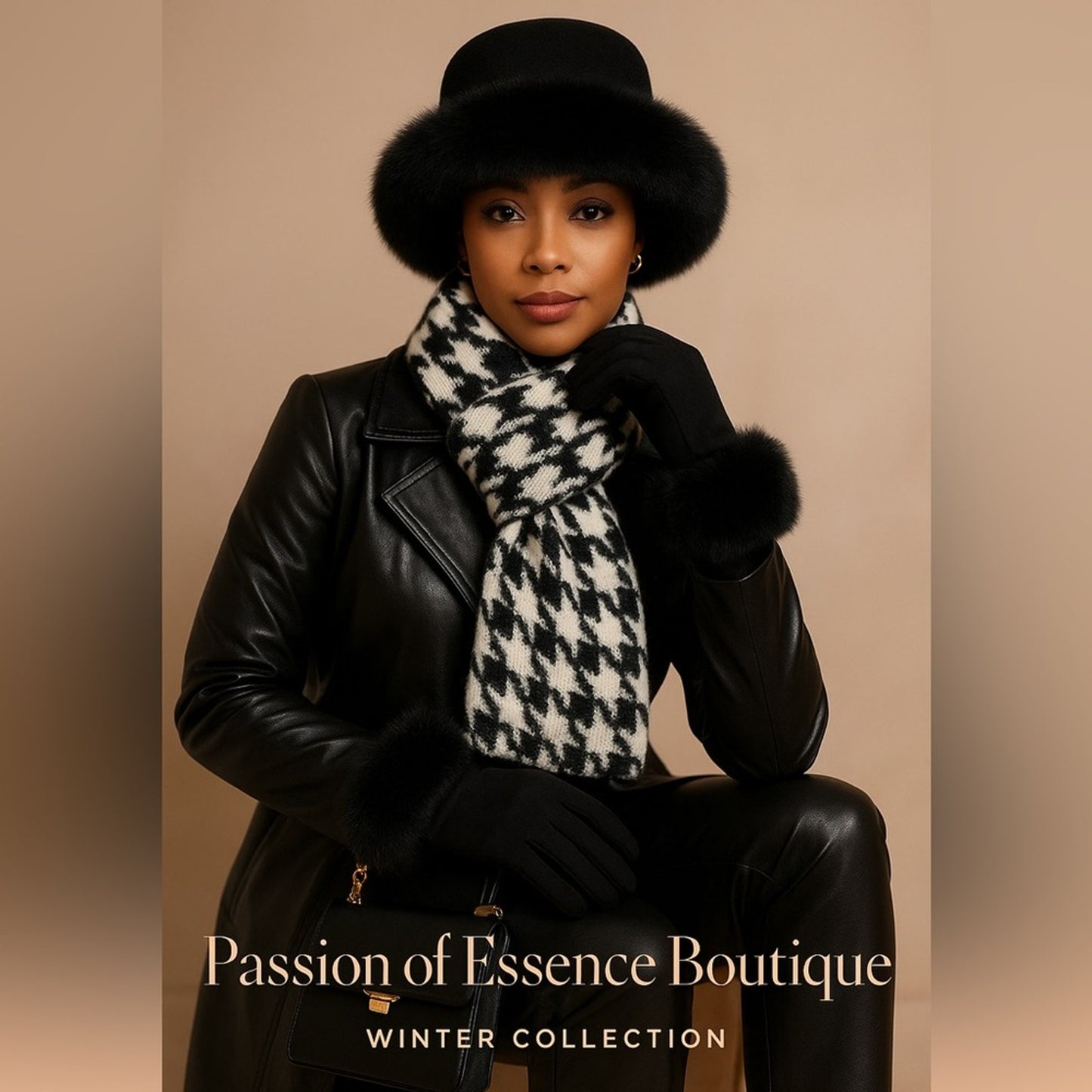 Woman wearing a black fur hat, leather jacket, and houndstooth scarf with 'Passion of Essence Boutique' text.