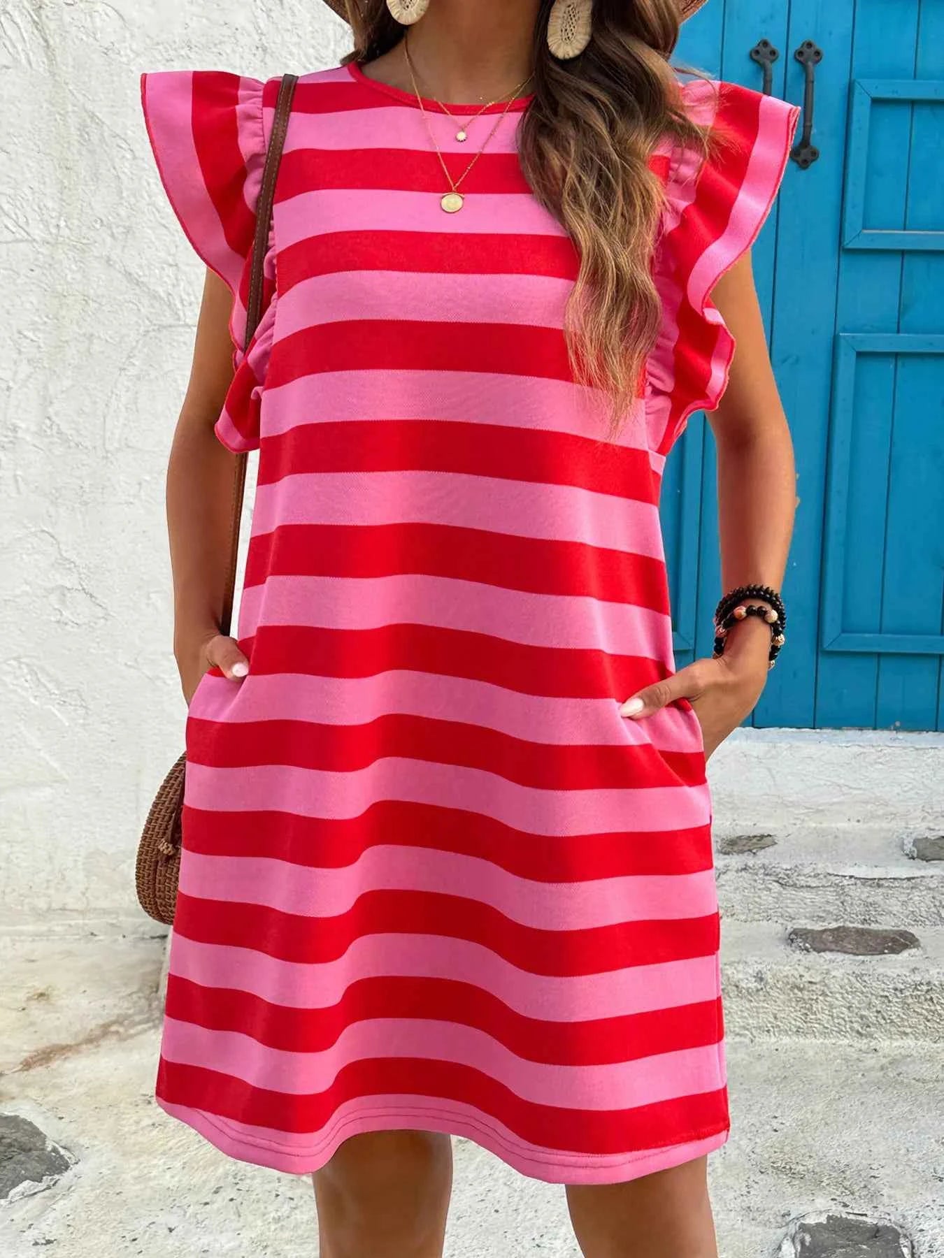 Striped Ruffle Sleeve Casual Summer Dress