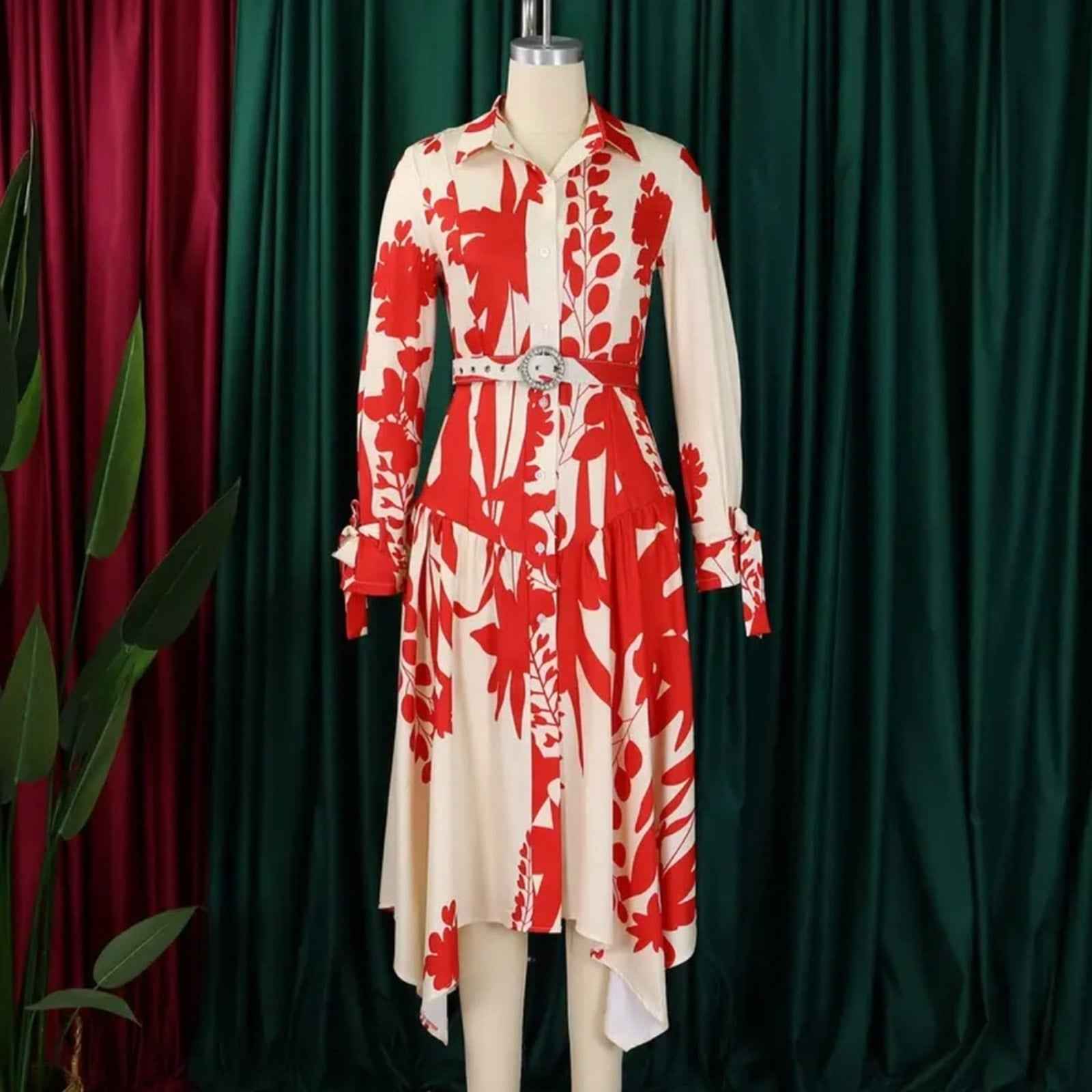 Elegant Red Floral High-Low Midi Dress – Long Sleeve, Button-Up, Garden Party