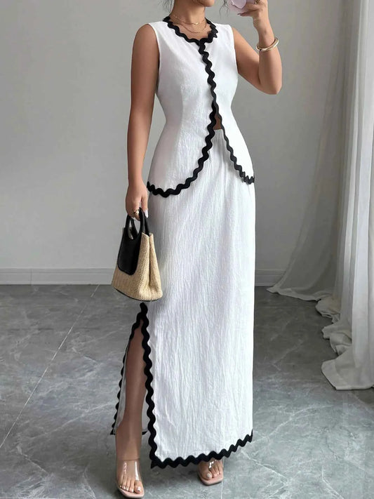 Contrast Scalloped Trim Sleeveless Top and Skirt Set