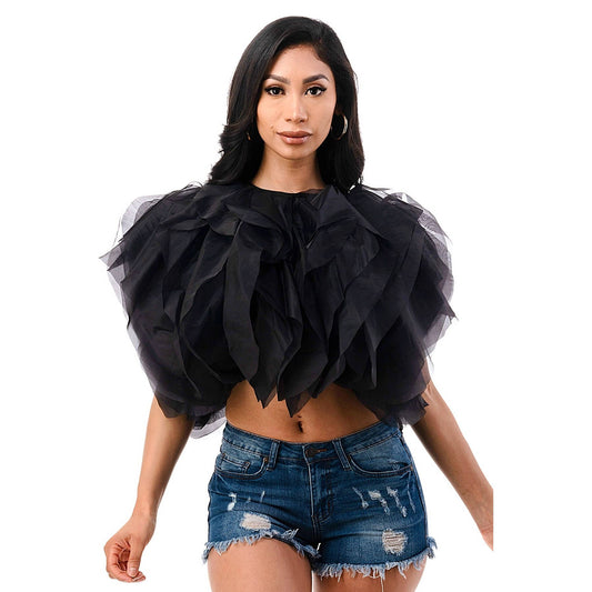 PLUS SIZE RUFFLE TULLE CROP TOP BLOUSE