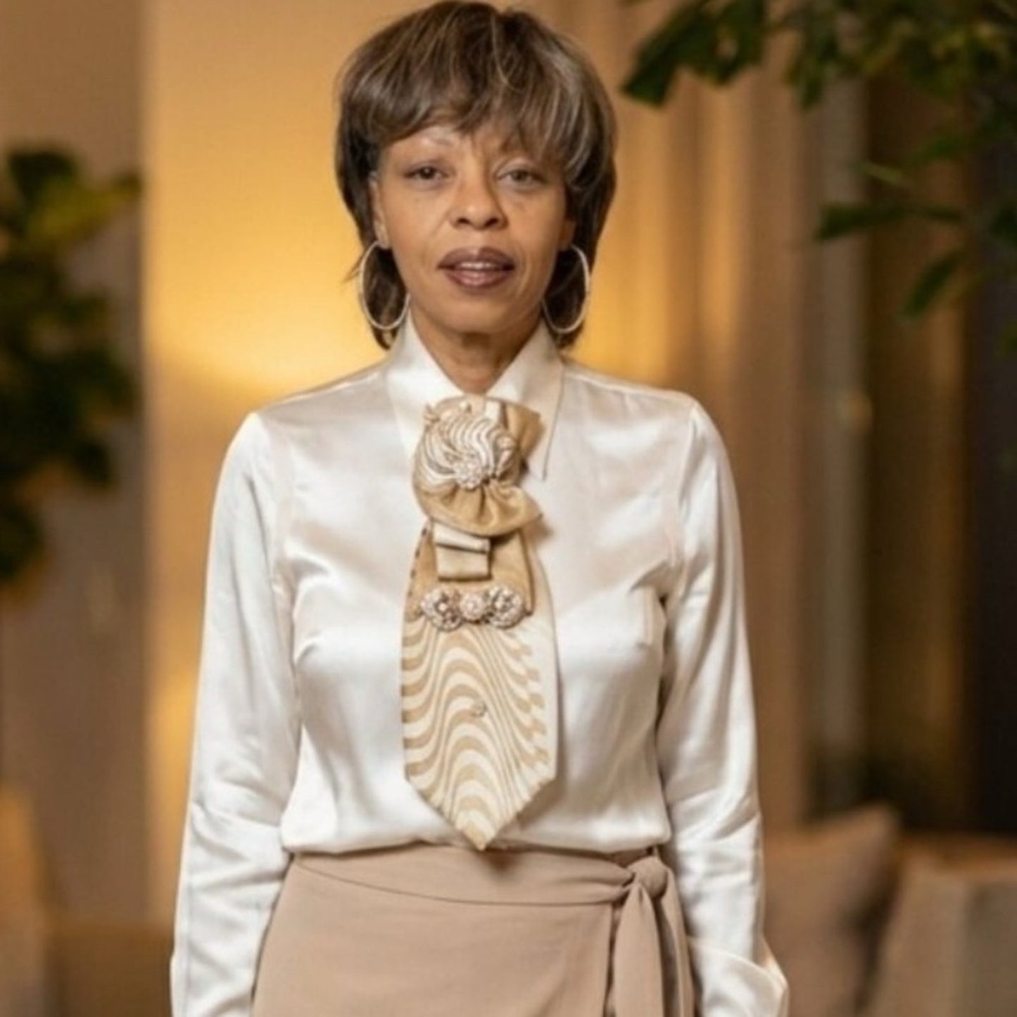 Gold Wave Pearl Statement Tie – Elegant Women’s Church & Formal Accessory