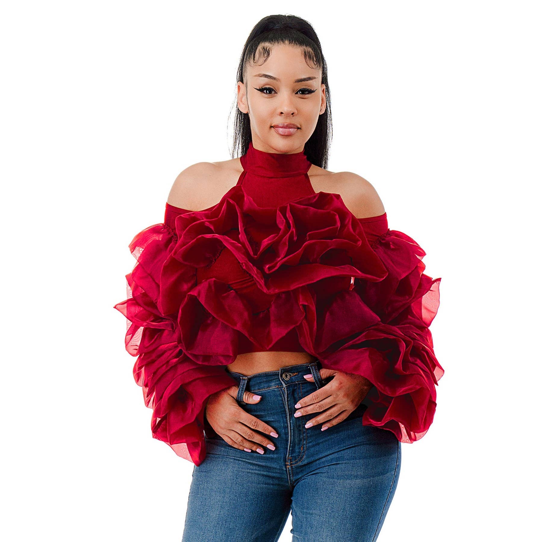 Plus Size Red Ruffled Cold Shoulder Crop Top | Women's Blouse