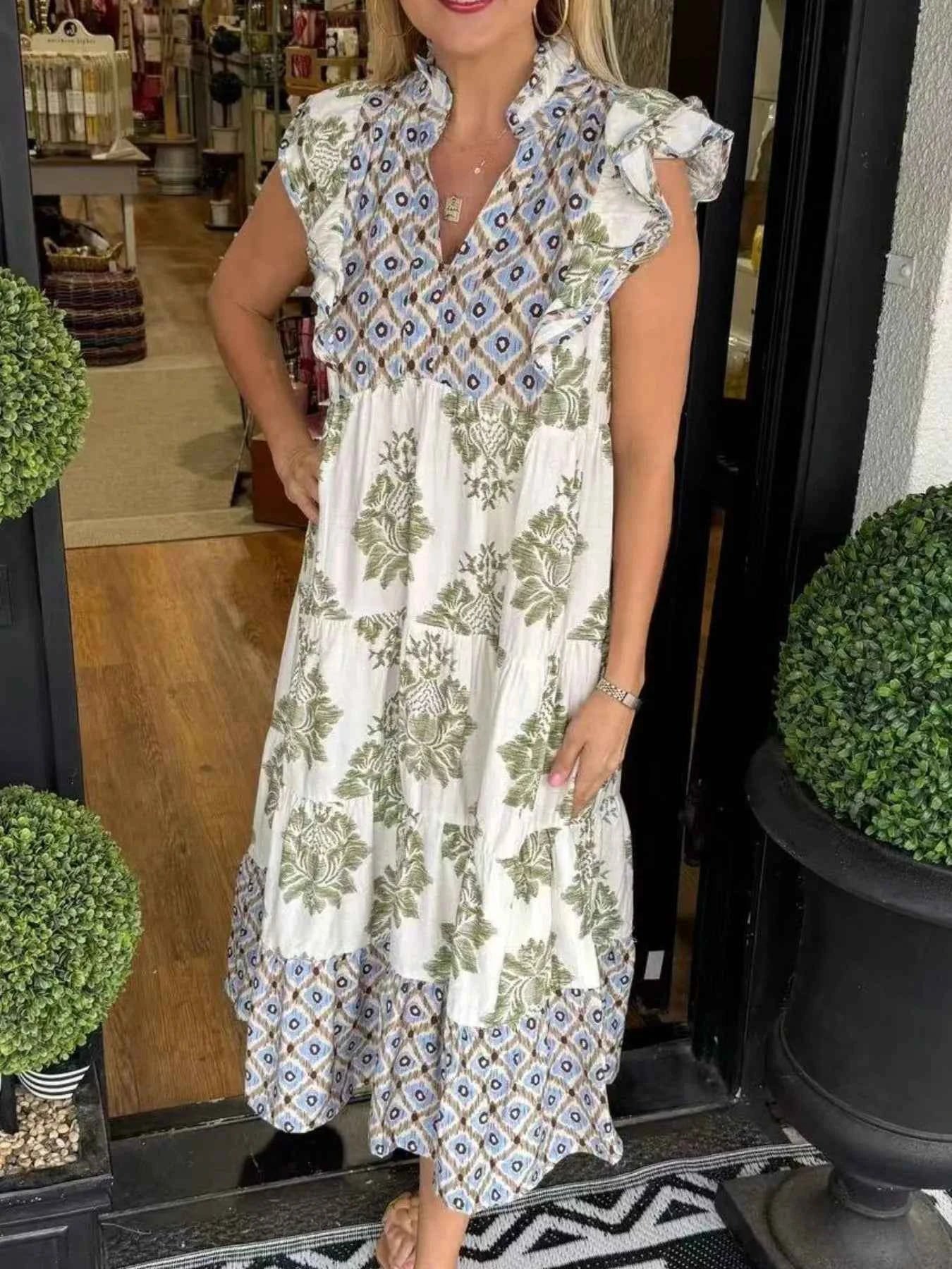 Printed Notched Ruffled Cap Sleeve Dress