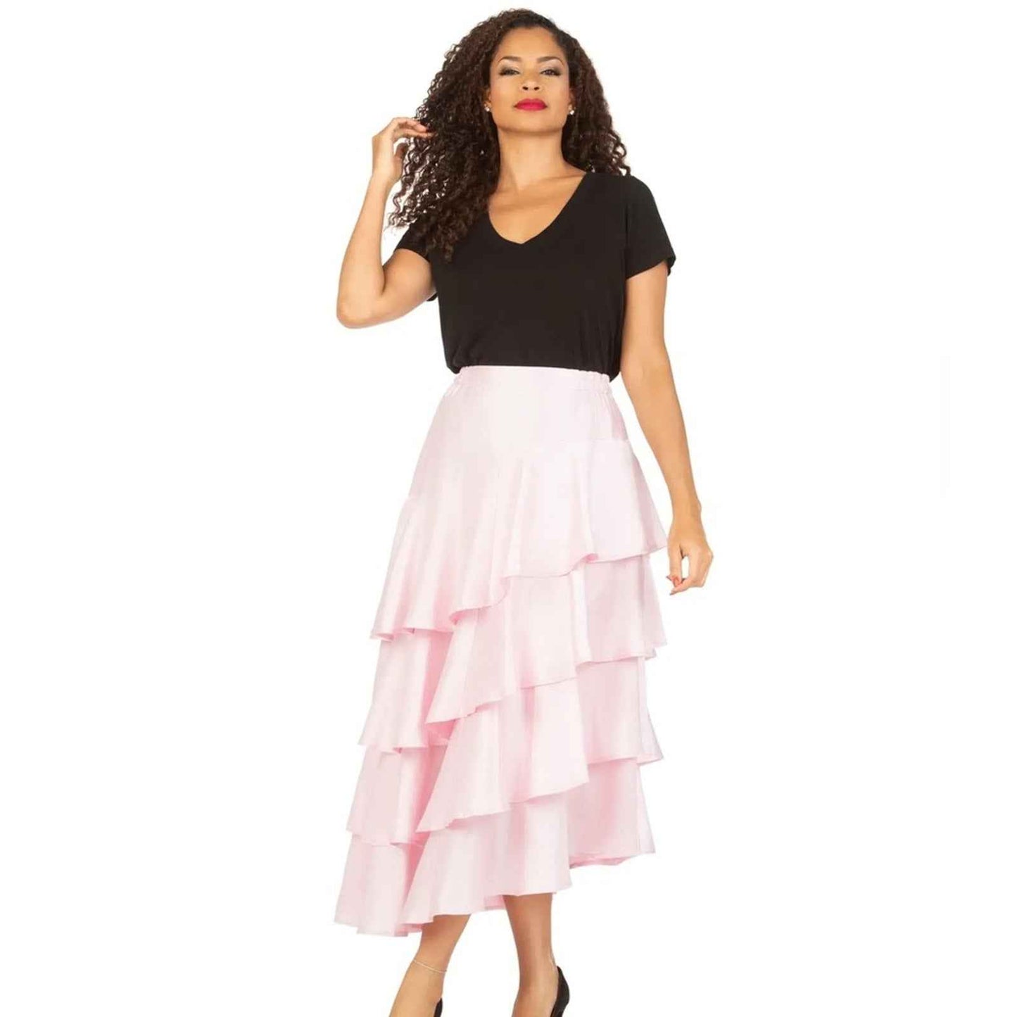 Style by Giovanna Chic Pink Midi Tiered Skirt for Cocktail Events