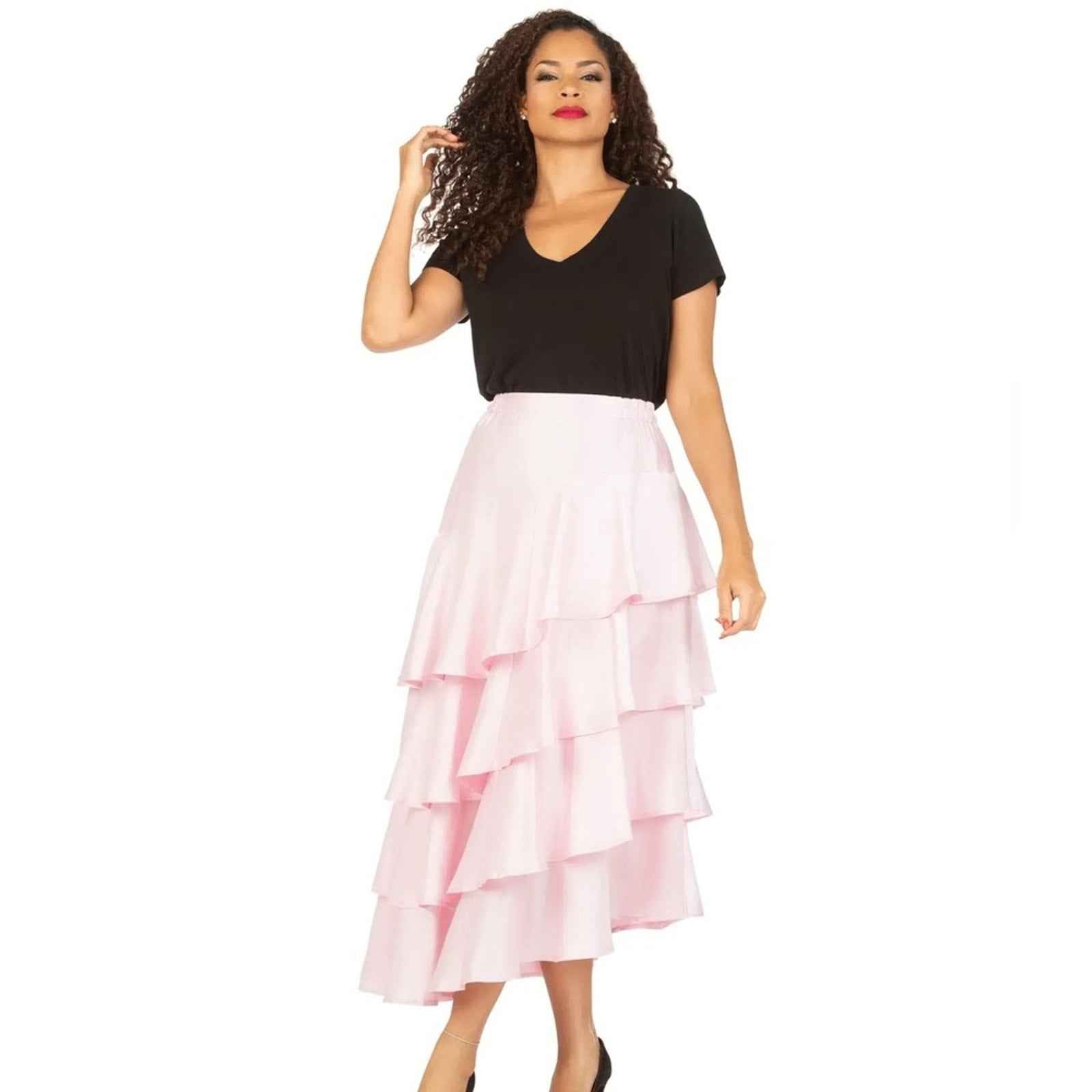 Style by Giovanna Chic Pink Midi Tiered Skirt for Cocktail Events