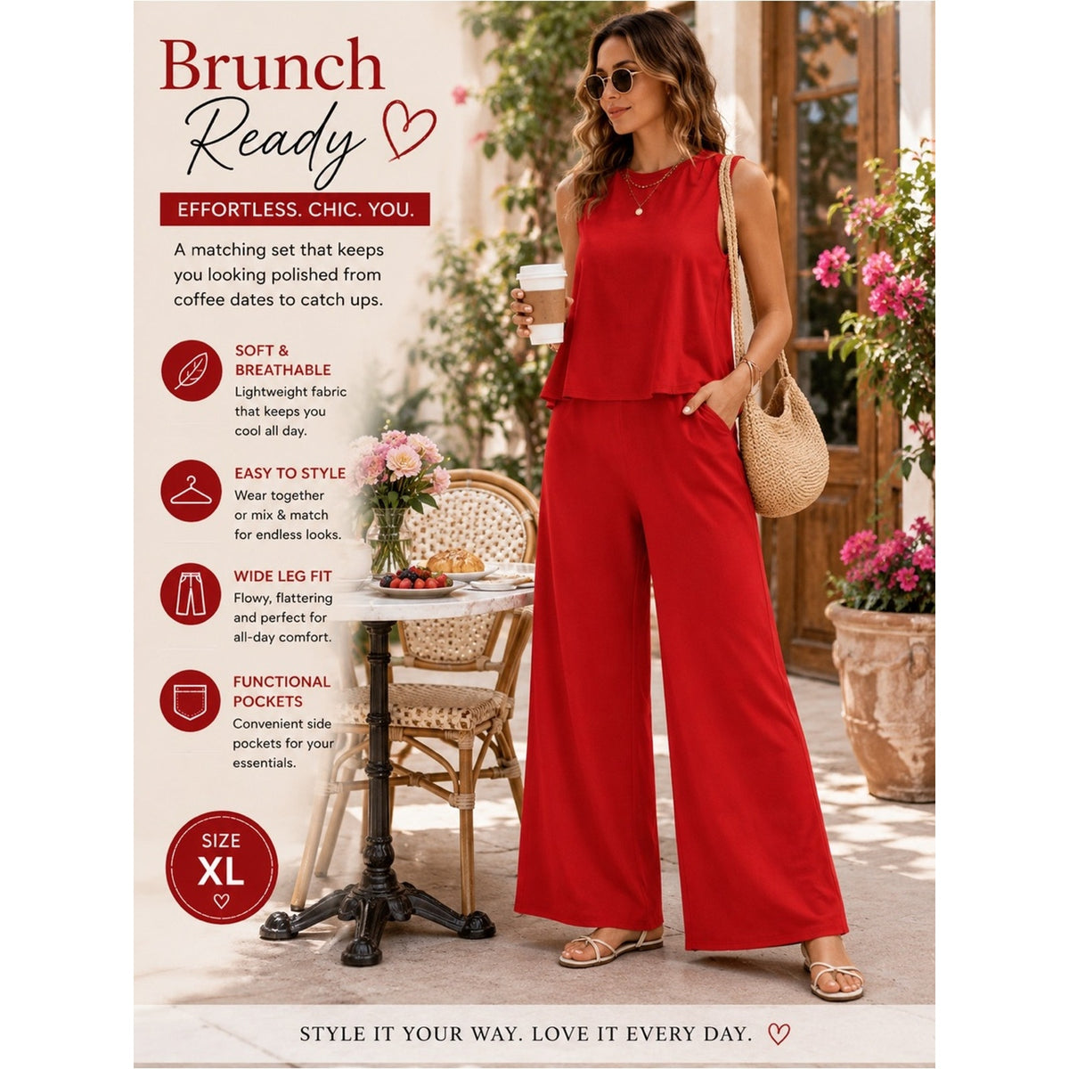 Red Sleeveless Wide Leg Pants 2 Piece Matching Set XL