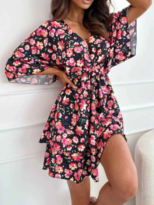 Floral Print V-Neck Ruffle Mini Dress