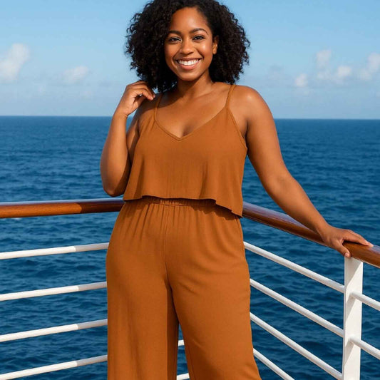 Plus Size Deep Camel Ribbed Wide-Leg Jumpsuit – Sleeveless & Relaxed Fit