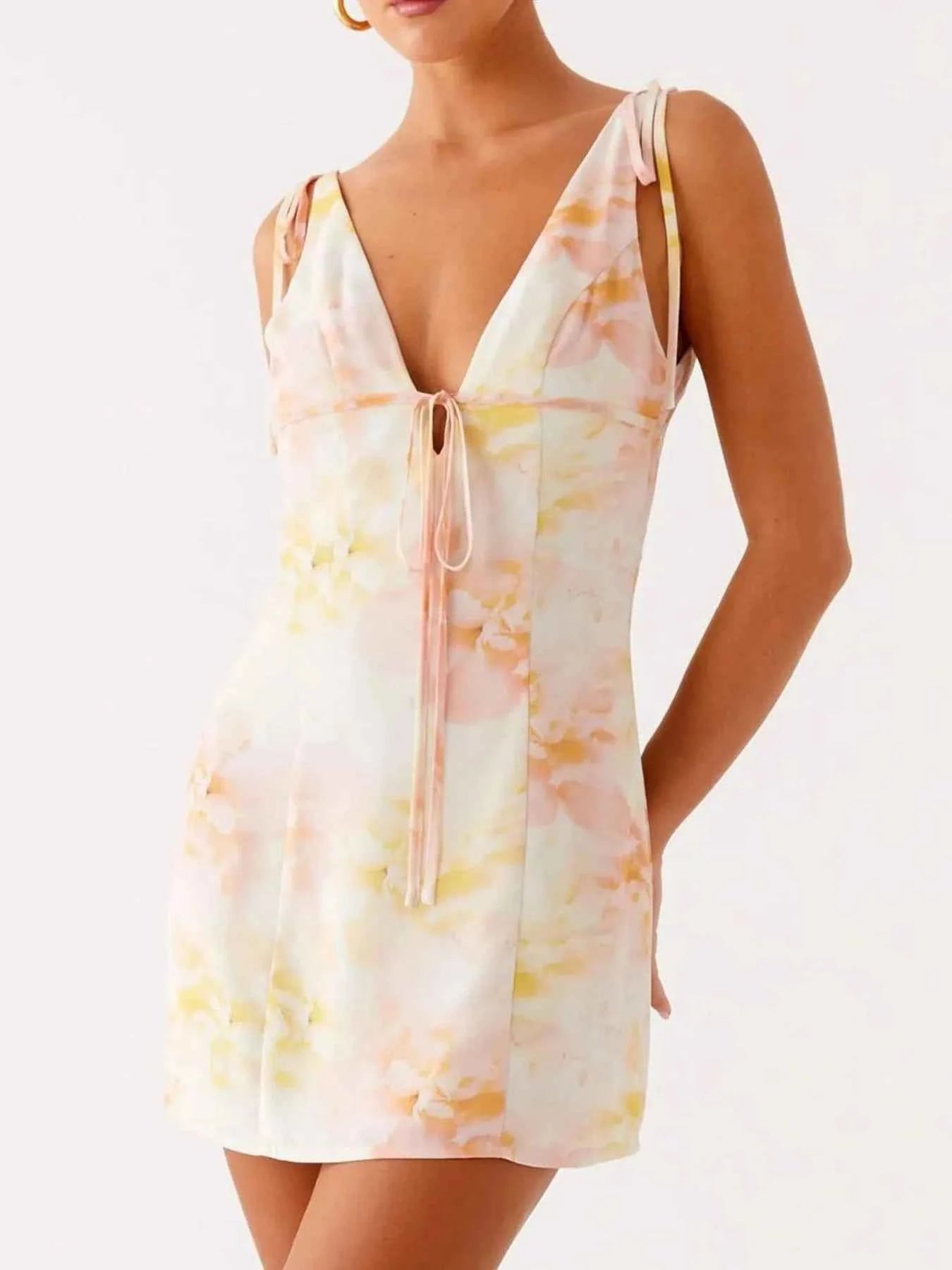 Printed Deep V-Neck Tie Shoulder Mini Dress