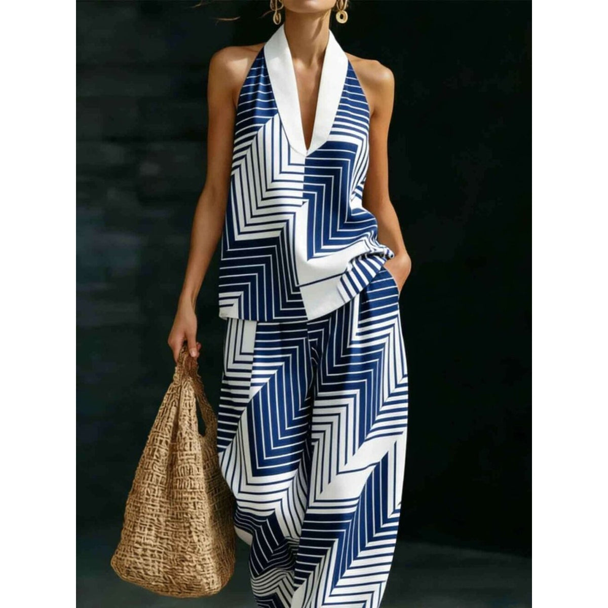 Blue & White Geometric 2-Piece Set Halter V-Neck Top  Wide-Leg Pants Chic Resort