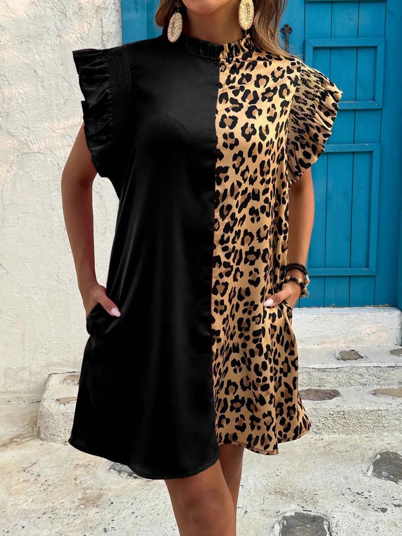 Leopard Color Block Ruffle Sleeve Dress
