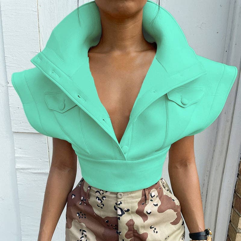 MB FASHION Cropped High Collar Button-Up Top 452R
