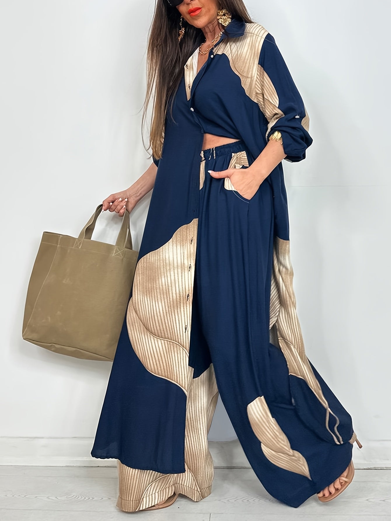 Luxury Blue Colorblock Satin Lounge Set – Oversized Button-Down Shirt & Wide-Leg Pants | Chic Neutral Statement Set