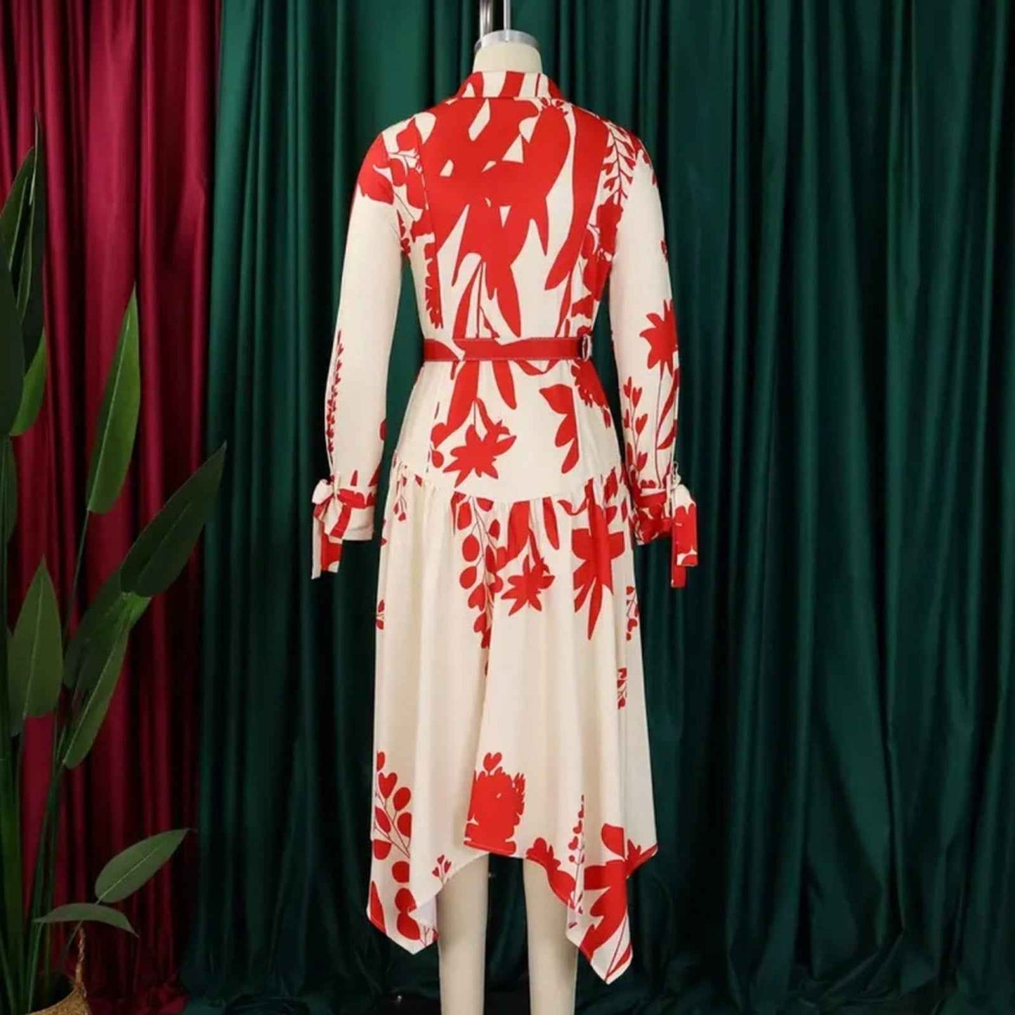 Elegant Red Floral High-Low Midi Dress – Long Sleeve, Button-Up, Garden Party