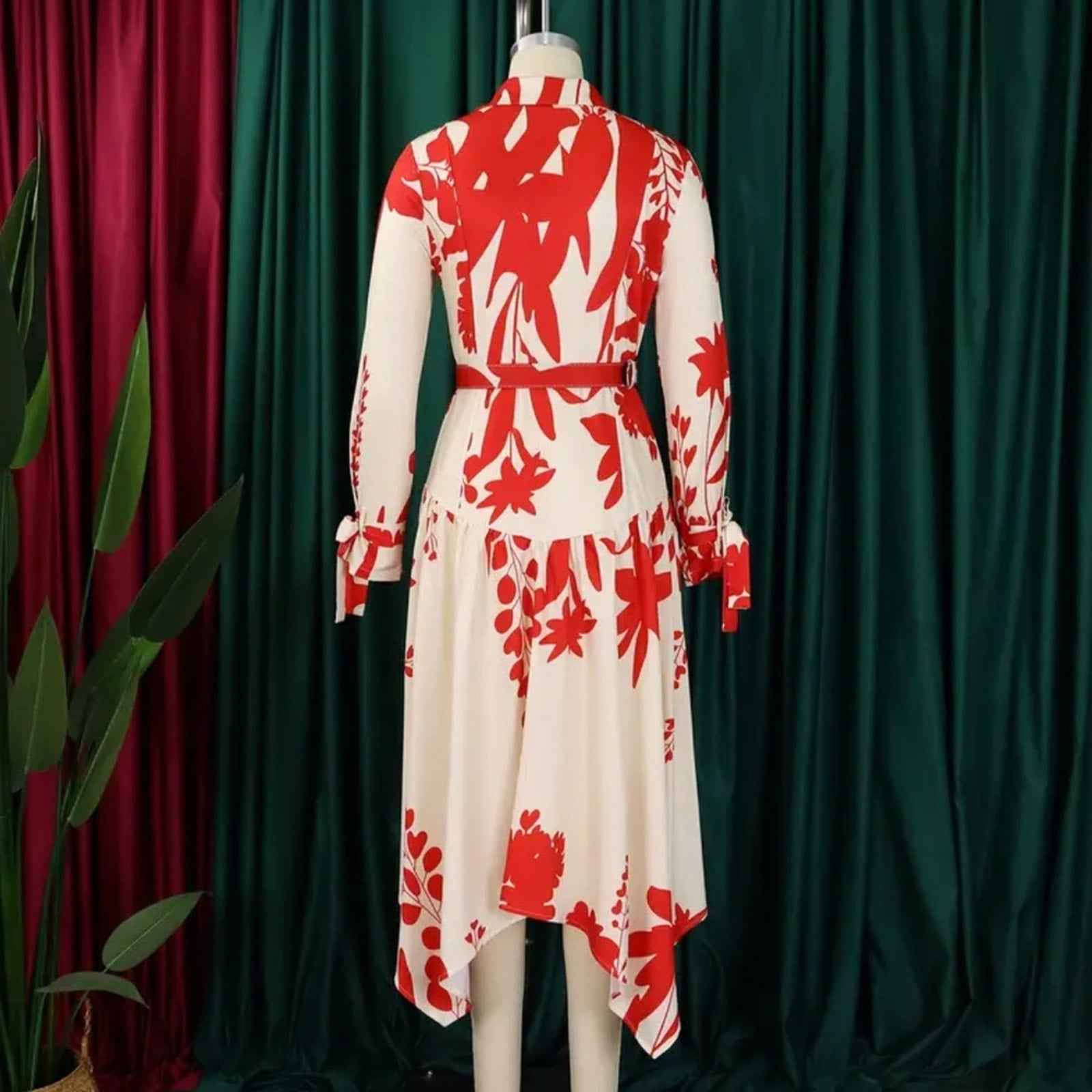 Elegant Red Floral High-Low Midi Dress – Long Sleeve, Button-Up, Garden Party